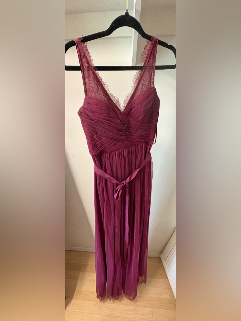 Women’s Wine Maxi Dress with Lace V-Neck and Self-Tie Waist